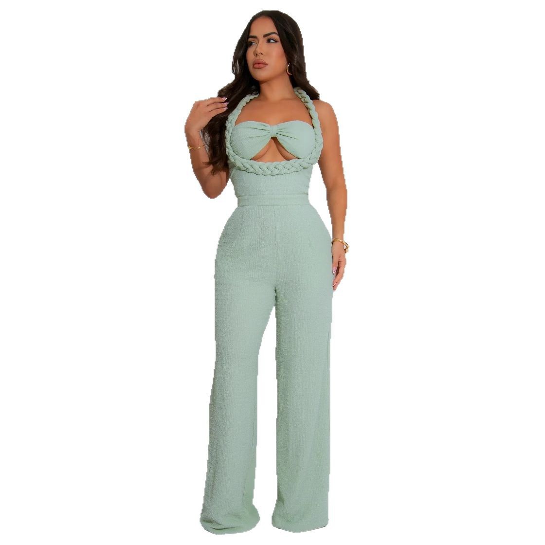 High Waist Design Woven Spaghetti Straps Sleeveless Loose Straight One Piece 10 High Waist Design Woven Spaghetti Straps Sleeveless Loose Straight One Piece