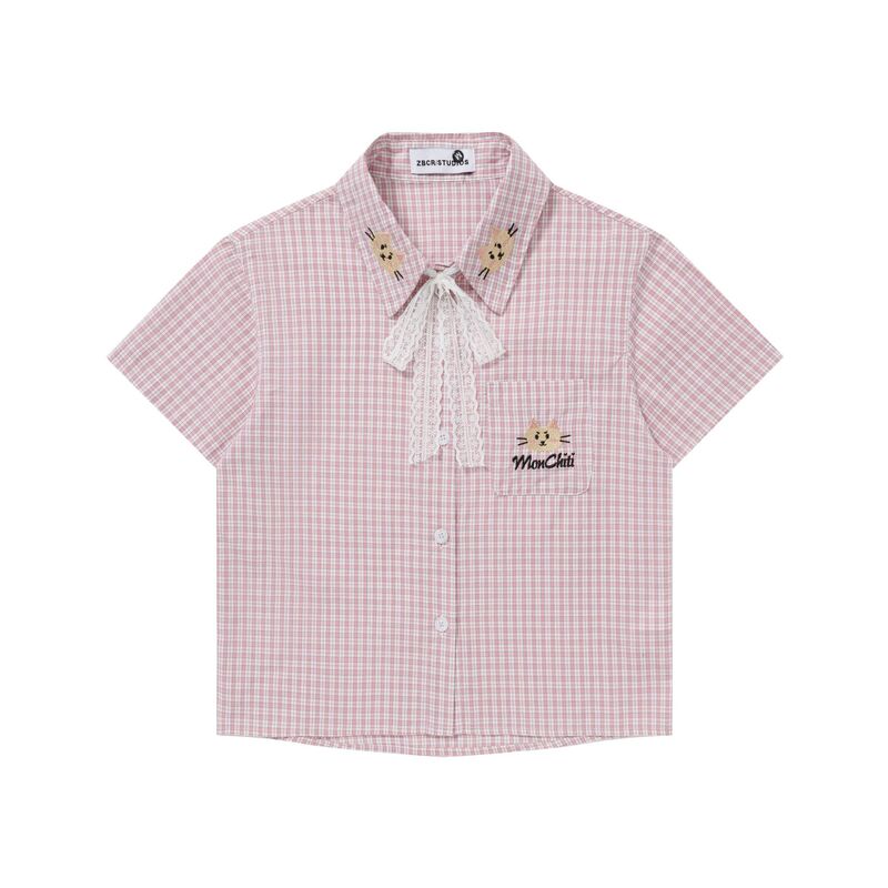 Sweet Pink Cute Cat Embroidered Plaid Short-Sleeved Shirt for Women Summer Slim Fit Short Top