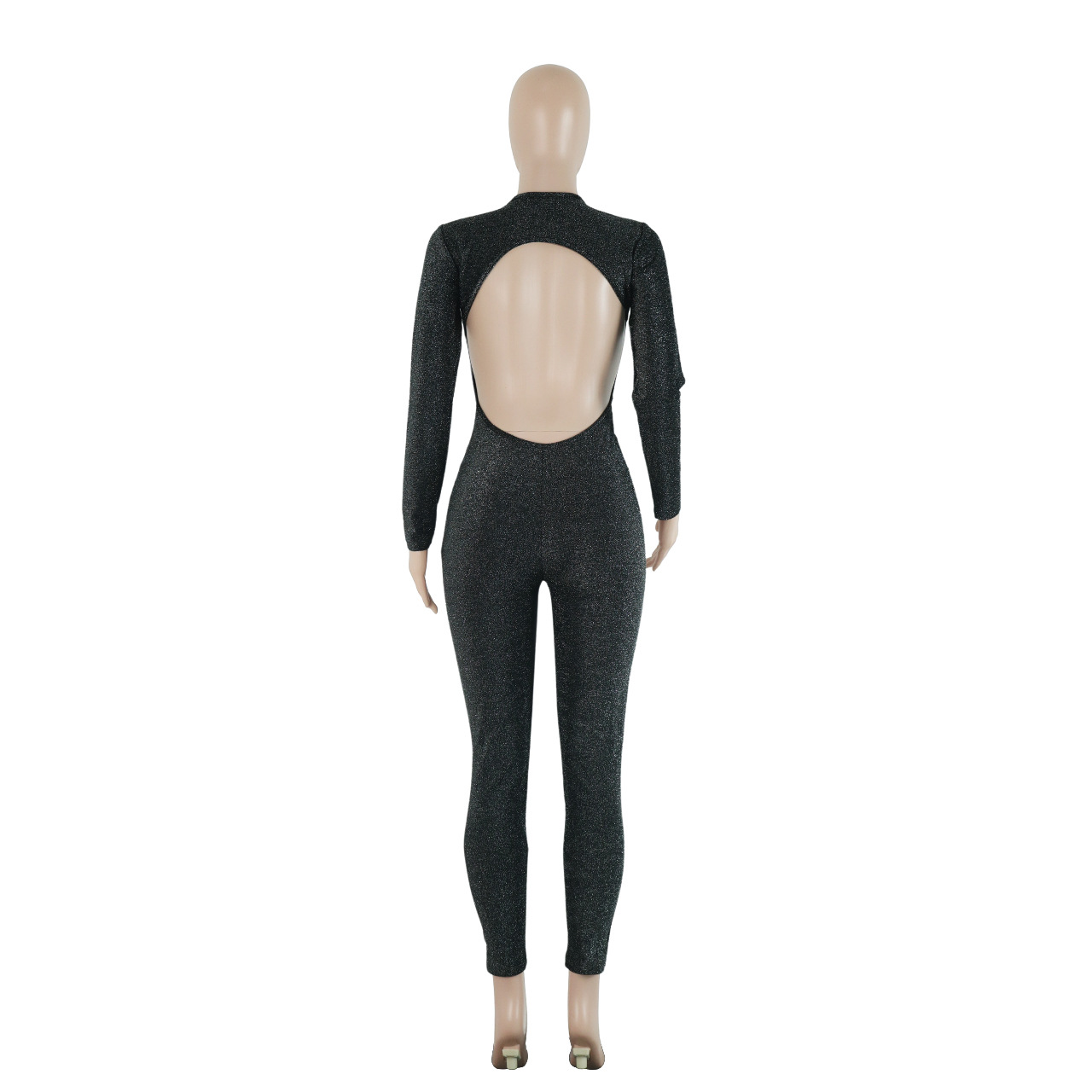 Women Clothing Eaby Deep V Plunge neck Night Club Bright Silk Slim Hollow Out Cutout Sexy Jumpsuit