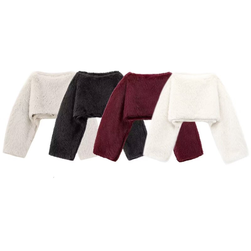 Autumn and Winter New Women's Long-Sleeved One-Line Collar Faux Fur Effect Decorative Sweatshirt
