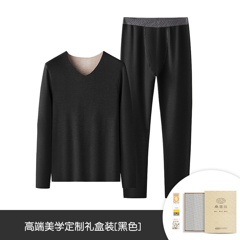 Conjunto de ropa interior térmica de lana y seda con cuello en V para hombre, otoño e invierno, con forro polar y capa base gruesa.