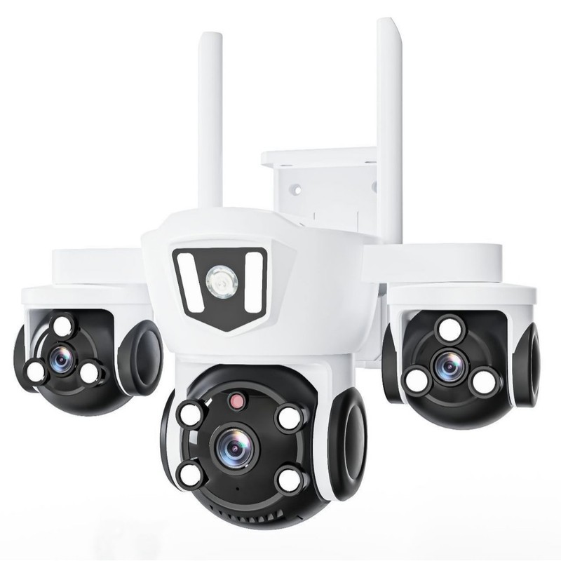 新しい真の四眼 WIFI ソーラー監視カメラ 3 画面監視広角 5MP リモート屋外防水|undefined