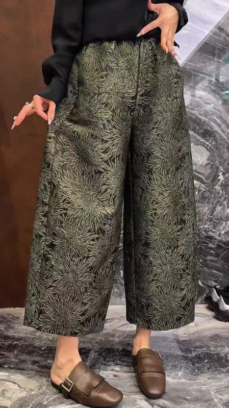 高腰花苞裤直筒国风提花阔腿裤女夏季新款新中式九分休闲裤长裤子|undefined