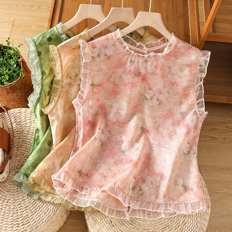 Real Shot of Women's Sleeveless Shirt with Ruffled Edges, 2026 Summer New Vintage Print, Plus-Size Loose Top Blouse