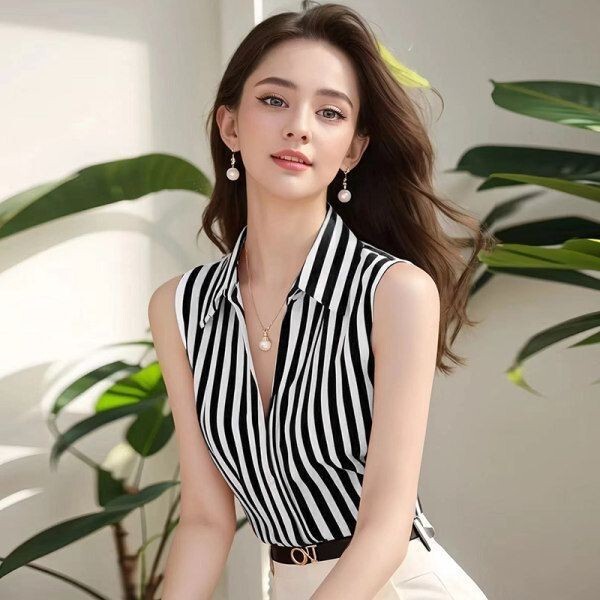 Korean Red Striped Sleeveless Shirt Women's Summer Sleeveless Shirt Fashionable High-End Chic Outer Wear Beautiful and Versatile