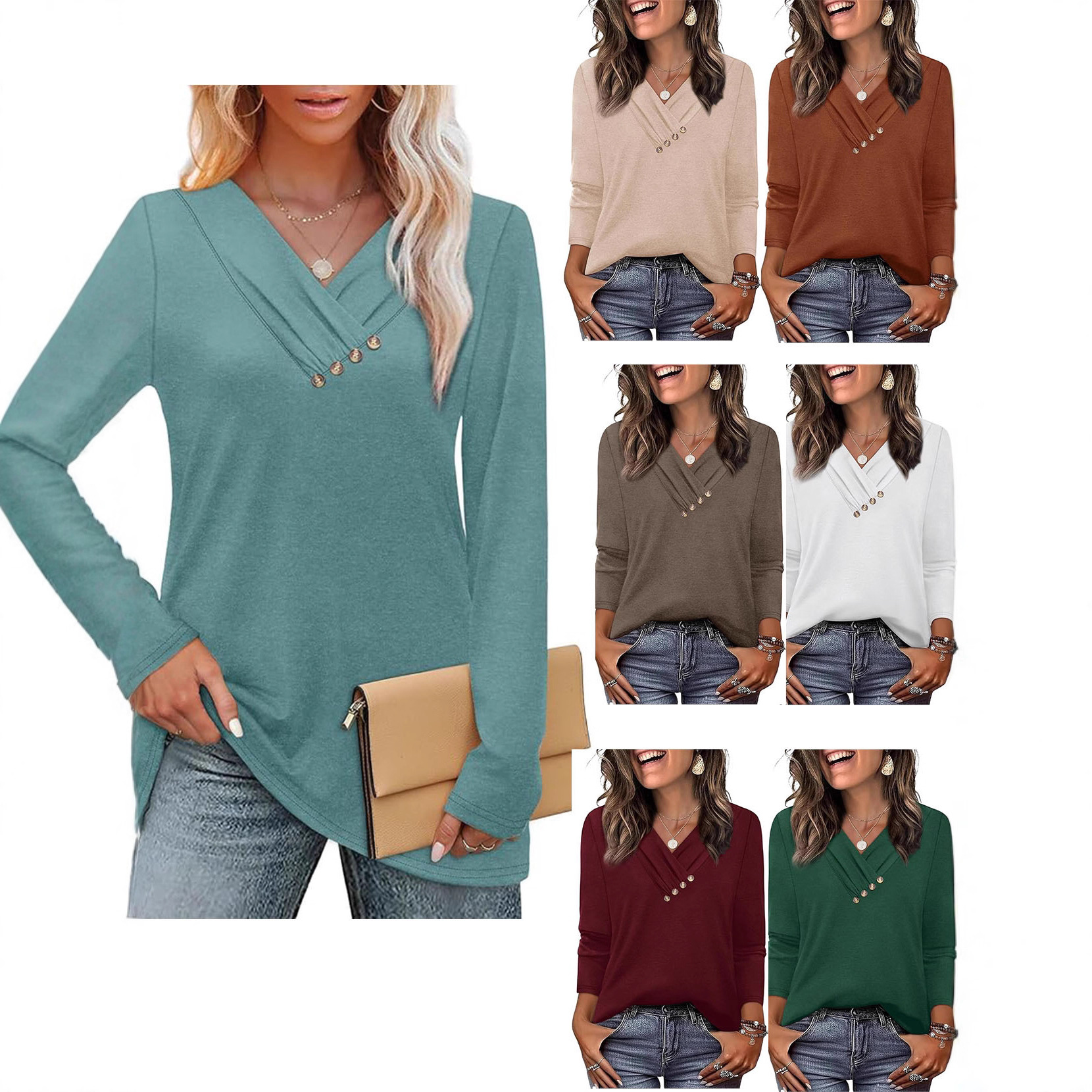 亚马逊欧美TK跨境爆款女装纽扣长袖上衣t恤纯色休闲V领针织打底衫