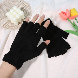 Cross-Border Autumn and Winter Pure Color Fingerless Gloves, Cold-Proof and Warm Writing Gloves, Knitted Elastic Acrylic Yarn Half-Finger Gloves