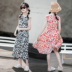 女童過膝連衣裙2024新款韓版夏裝長裙兒童夏季洋氣圓點沙灘裙子女