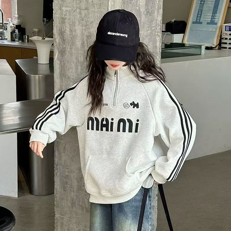 Girls' spring outfit 2026 new stylish spring and autumn half-zip sweatshirt and wide-leg denim pants for older girls Girls' spring outfit 2026 new stylish spring and autumn half-zip sweatshirt and wide-leg denim pants for older girls