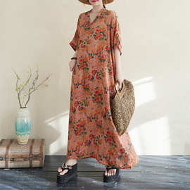 2025夏季花色度假风旅游V领复古长裙遮肉棉麻连衣裙