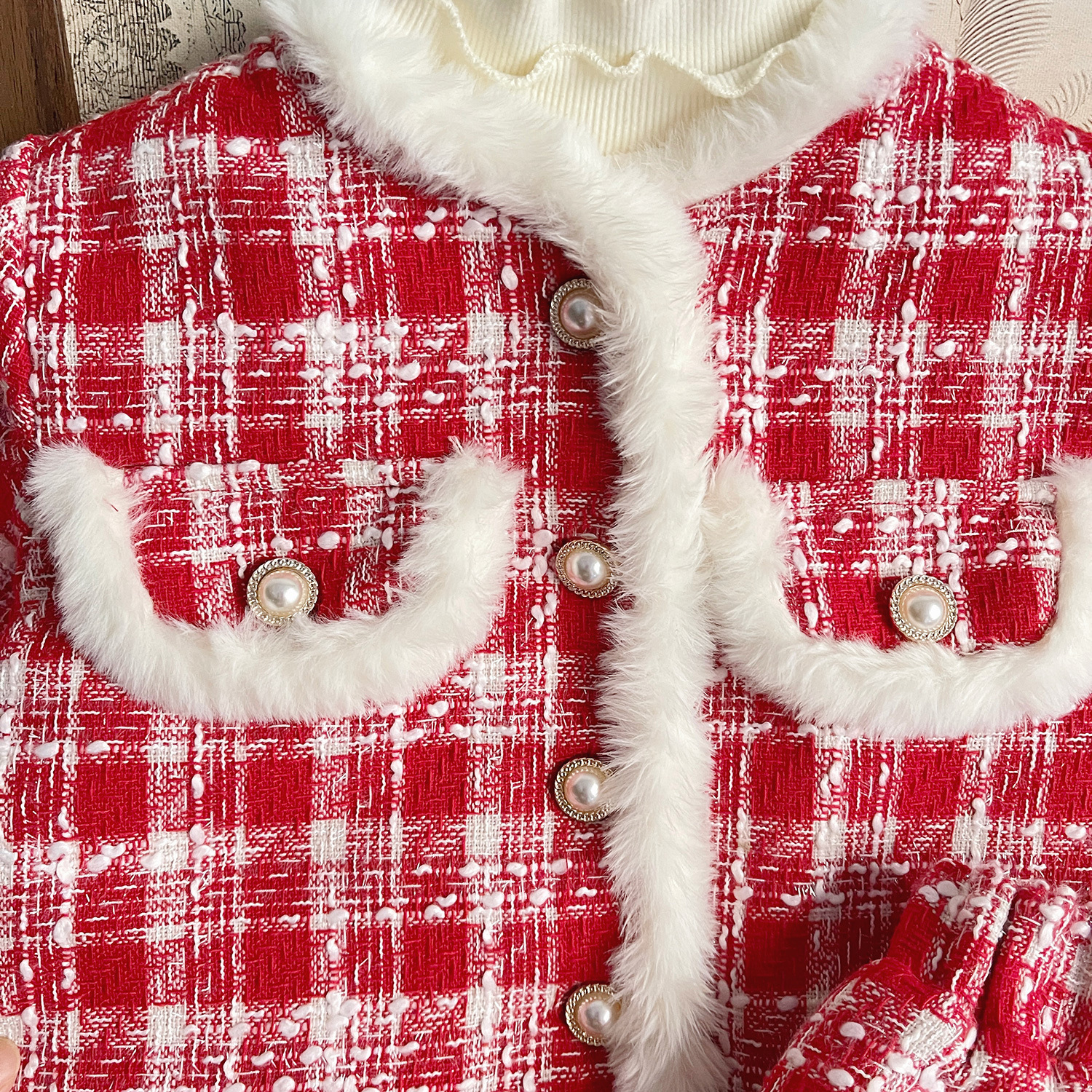 2023 Nova Edição Coreana de Inverno Meninas' Vermelho Estilo Perfumado Bebê Conjunto de Saia Curta Xadrez 68166_voghion.com