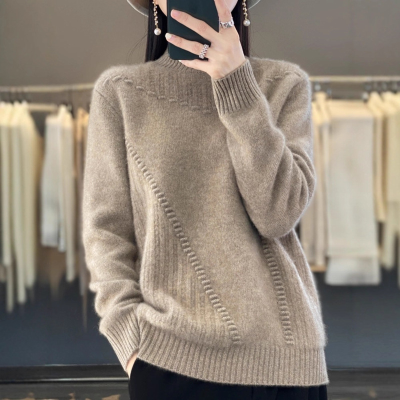 Autumn and Winter New Women's Half Turtleneck Thickeneded Jacquard Knitwear Pullover Foreign Style Loose Bottoming Knitwear Velvet Knitwear Winter