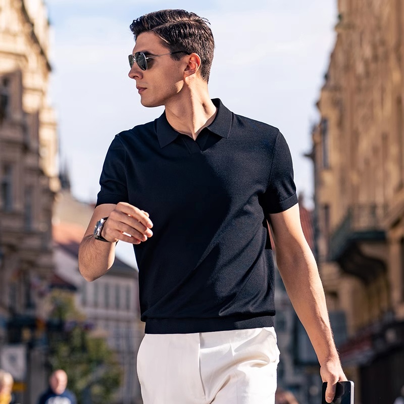 Polo de negocios de solapa suave y cerosa delicada y fresca para hombre, manga corta de punto de verano para hombre, cuello de gaviota para hombre, comercio exterior transfronterizo al por mayor