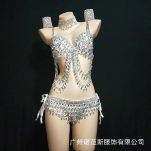 Europe and the United States luxury sexy diamond chain two-piece nightclub dj singer costume bikini suit shining stage