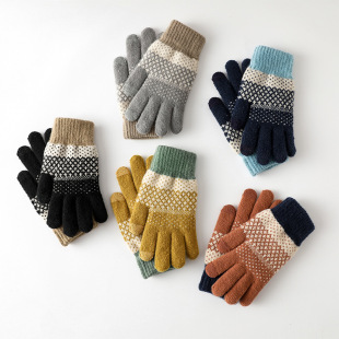 Factory wholesale knitted gloves for men and women plus velvet padded cold-proof touch screen finger jacquard warm outdoor riding gloves