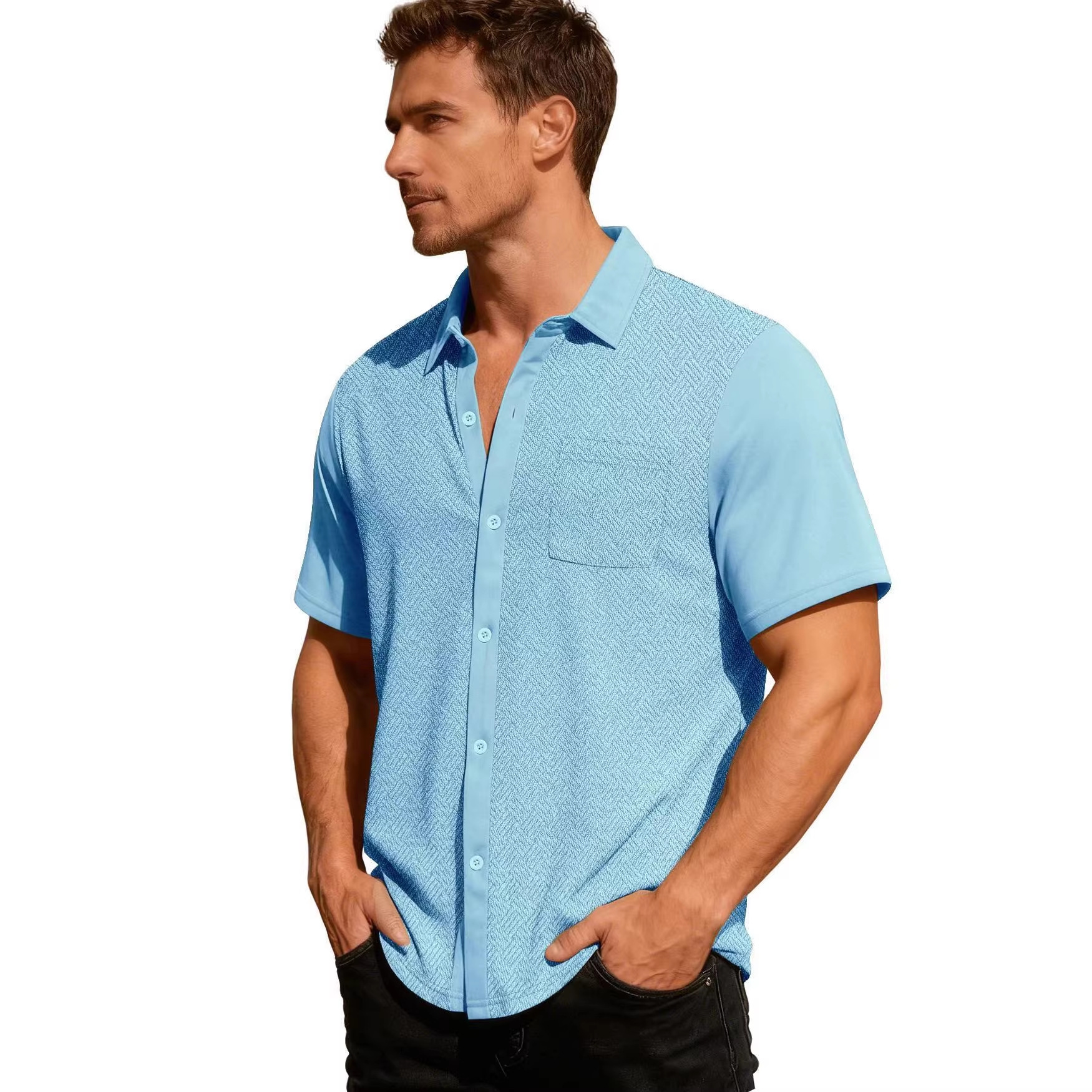 Herren-Sommerhemd mit kurzen Ärmeln, atmungsaktives Polyester, knitterarm, feuchtigkeitsableitend, bequeme Passform, lässiges Design, Knopfleiste_voghion.com