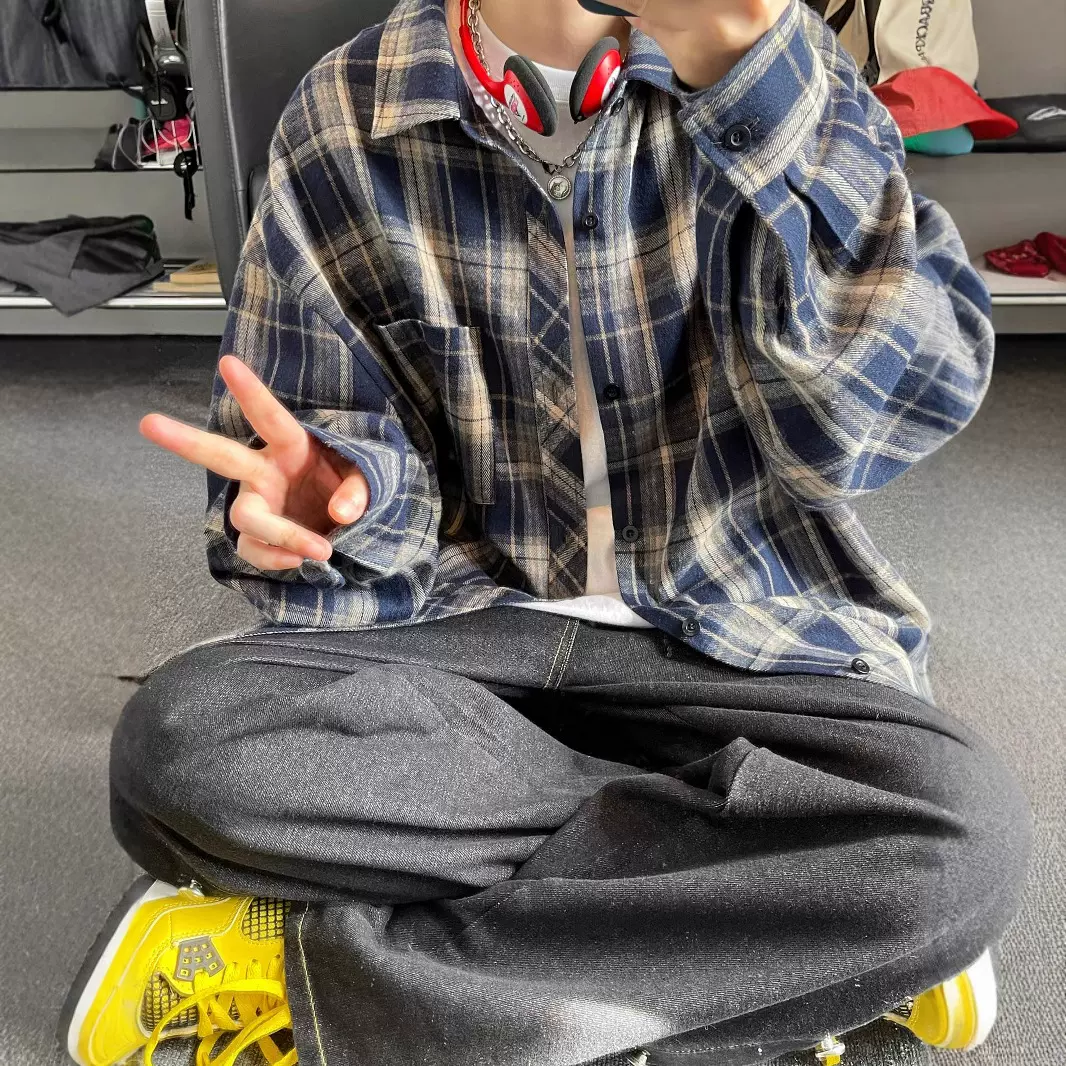 简恒青少年复古长袖格子衬衫男春秋美式潮流衬衫情侣同款外套宽松