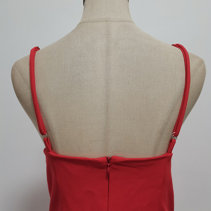 Robe courte élégante en satin pour femme – Robe de cocktail moulante taille haute sans bretelles (rouge cerise, mélange de polycoton extensible, bordure en dentelle florale)_voghion.com