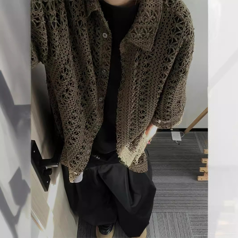 American Retro Hollow Knitted Short-Sleeved Men's Summer Thin Mesh Half-Sleeved Shirt Japanese Vintage Outer Cardigan