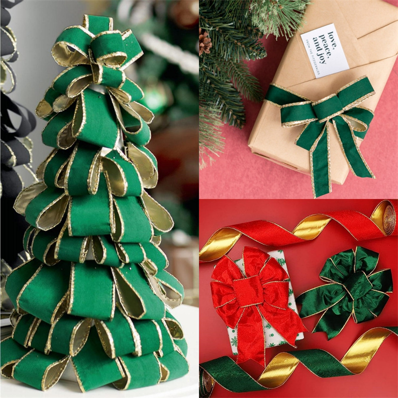 Transfronterizos clásicos rojos y verdes bordes de cinta de terciopelo decoración de árbol de Navidad dibujo cinta de arco de regalo cinta de terciopelo