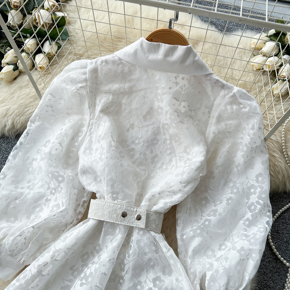French Style Elegant V Neck Floral Dress, Korean Style, Long Sleeves, Lapel Collar, Fitted Waist, A Line Long Skirt, Sophisticated And Suitable For Commuting._ecoleips.com