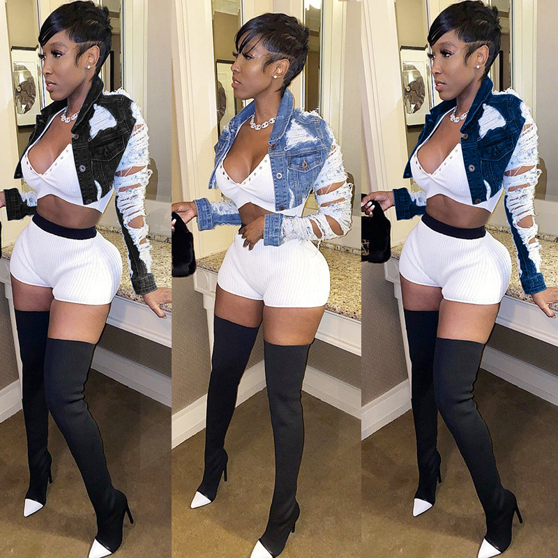 Ld9001 European and American Amazon Independent Station Ebay Cut Mini Sexy Cardigan Long-Sleeved Denim Short Jacket