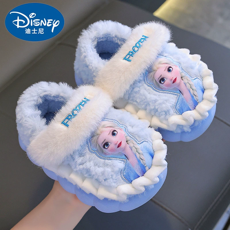 Зимние хлопковые тапочки для девочек, теплые плюшевые тапочки с мехом, закрытые хлопковые туфли для малышей, модель «Принцесса Эльза»