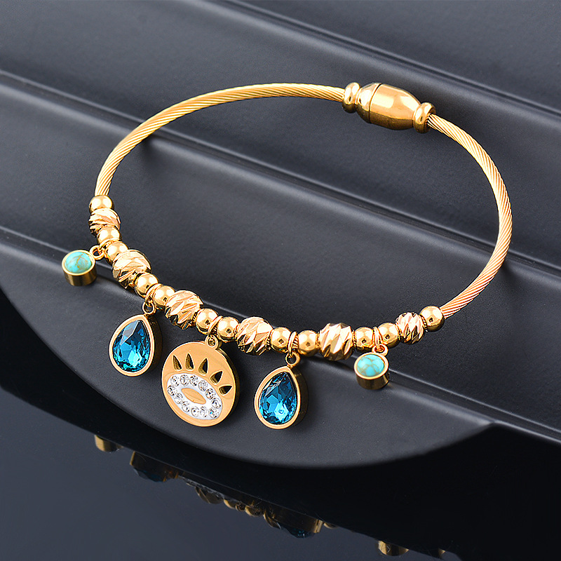 Fashion Devilu0027S Eye Titanium Steel Beaded Hollow Out Inlay Turquoise Zircon Bangle 1 Piece