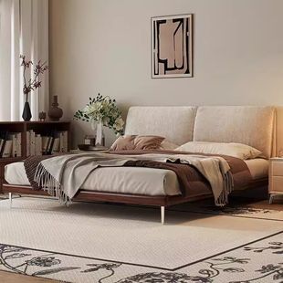 Chenille Fabric Bed with Small Elephant Ears Floating Design, Luxurious Mid-Century Style Solid Wood Upholstered Double Bed for Master Bedroom