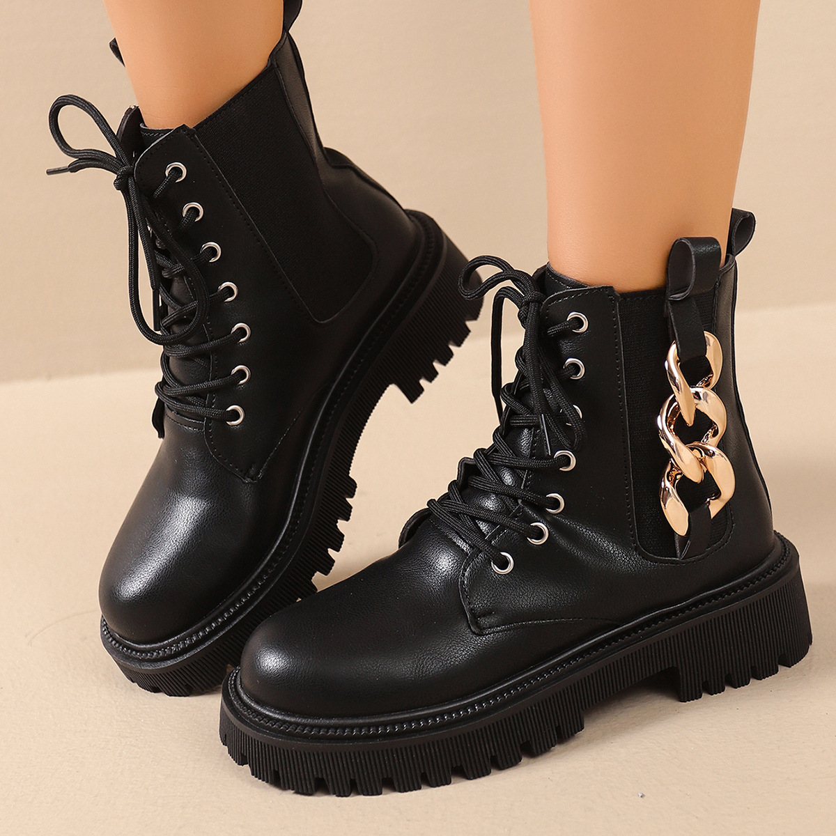 2025秋季新款跨境大码圆头系带单靴英伦风圆头金属环厚底马丁靴女