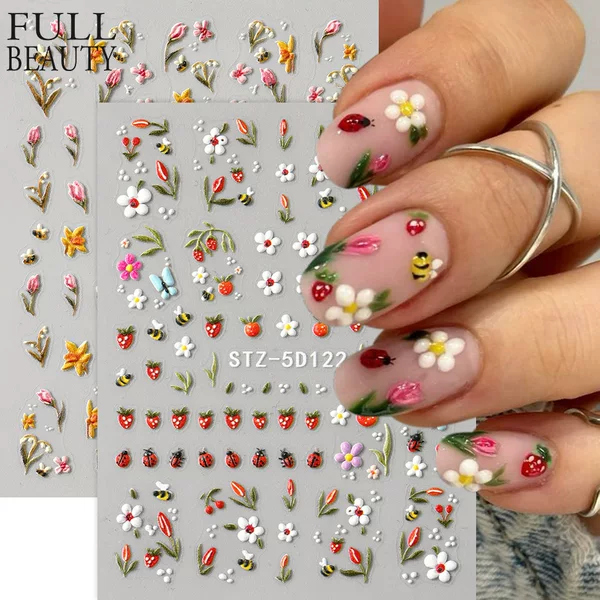 Cross-border new nail stickers embossed 5D three-dimensional spring tulip flower leaves honey insect nail stickers