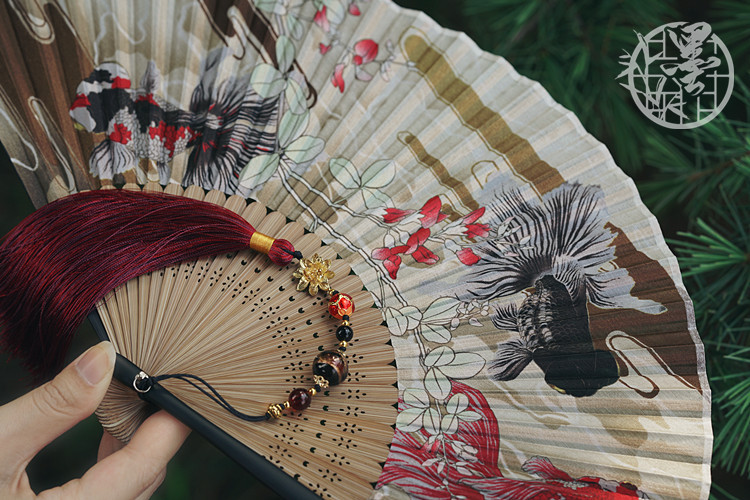 墨雨閣「清影」新品古風和風燙金布面摺扇子金魚扇墜流蘇禮物