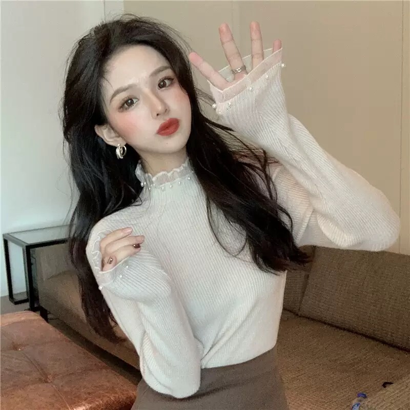 包芯纱面料 半高领打底衫女秋冬设计感小众洋气内搭钉珠针织上衣|undefined