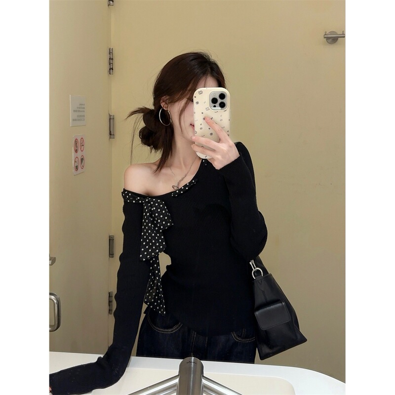 实拍~设计感小众波点系带飘带斜肩修身显瘦长袖针织衫上衣女89536|undefined