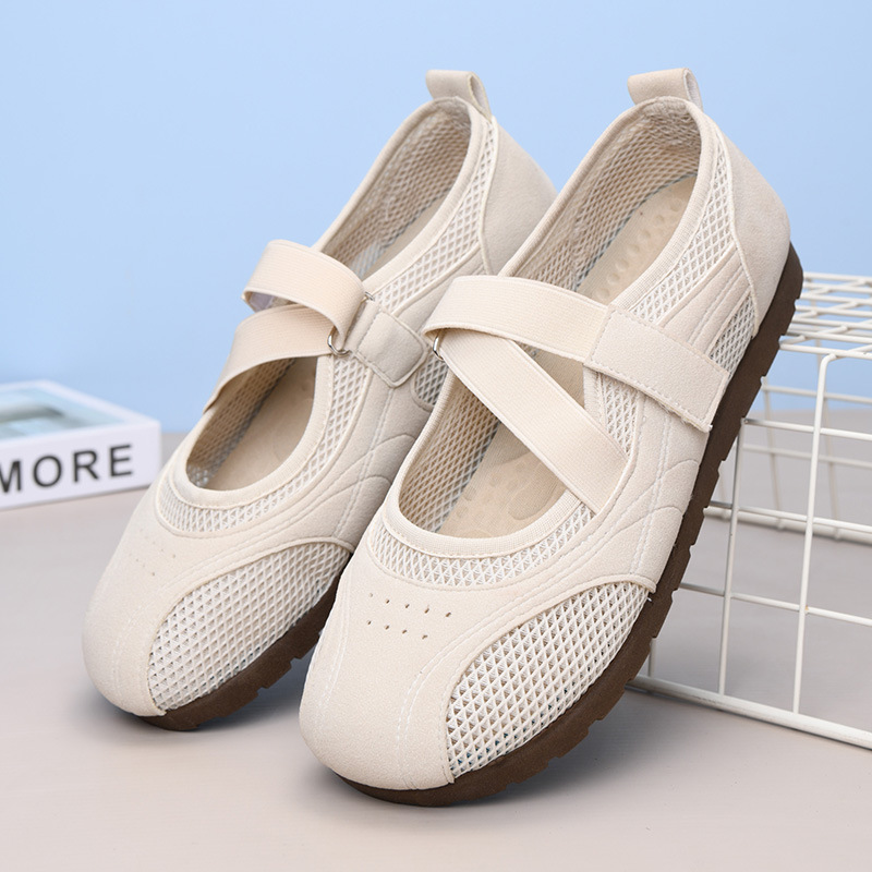Mary Jane Women's Shoes 2025 Summer New Style Hollow Mesh Shoes with Velcro Flat Versatile Casual Mom Shoes for Women