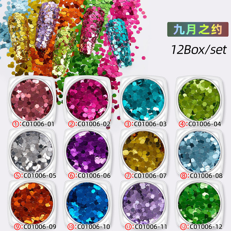 Internet celebrity golden light South Korea large sequins nail decoration box 12 Colors Nail body glitter mixed glitter powder wholesale