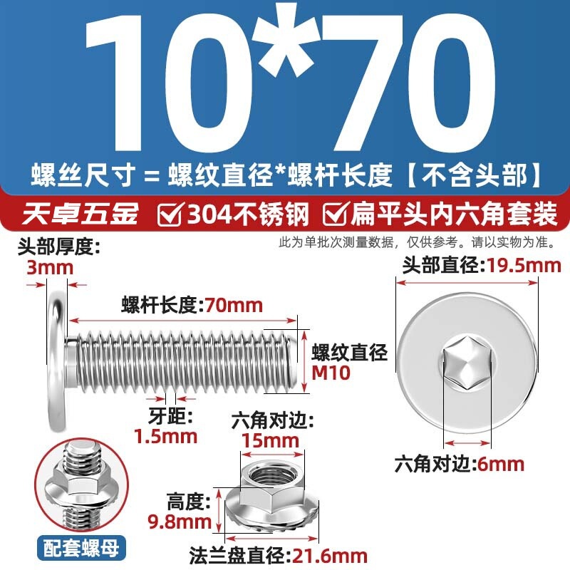 304不锈钢CM大平头超薄头C头扁平头内六角螺丝钉法兰边螺母套装M5|undefined
