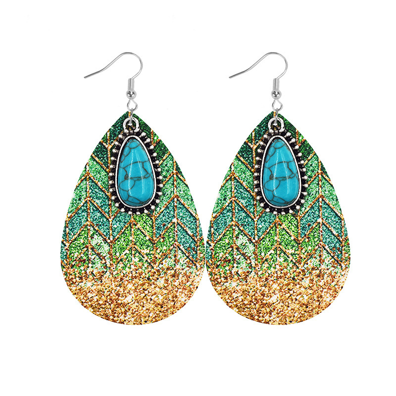 1 Pair Retro Sunflower Color Block Water Droplets Pu Leather Inlay Turquoise Women's Chandelier Earrings display picture 2