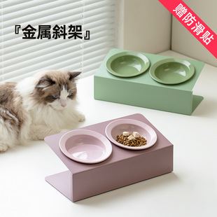 Ceramic oblique double bowl flying saucer straw hat pet cat bowl high foot cervical support anti-knock drinking food cat and dog bowl