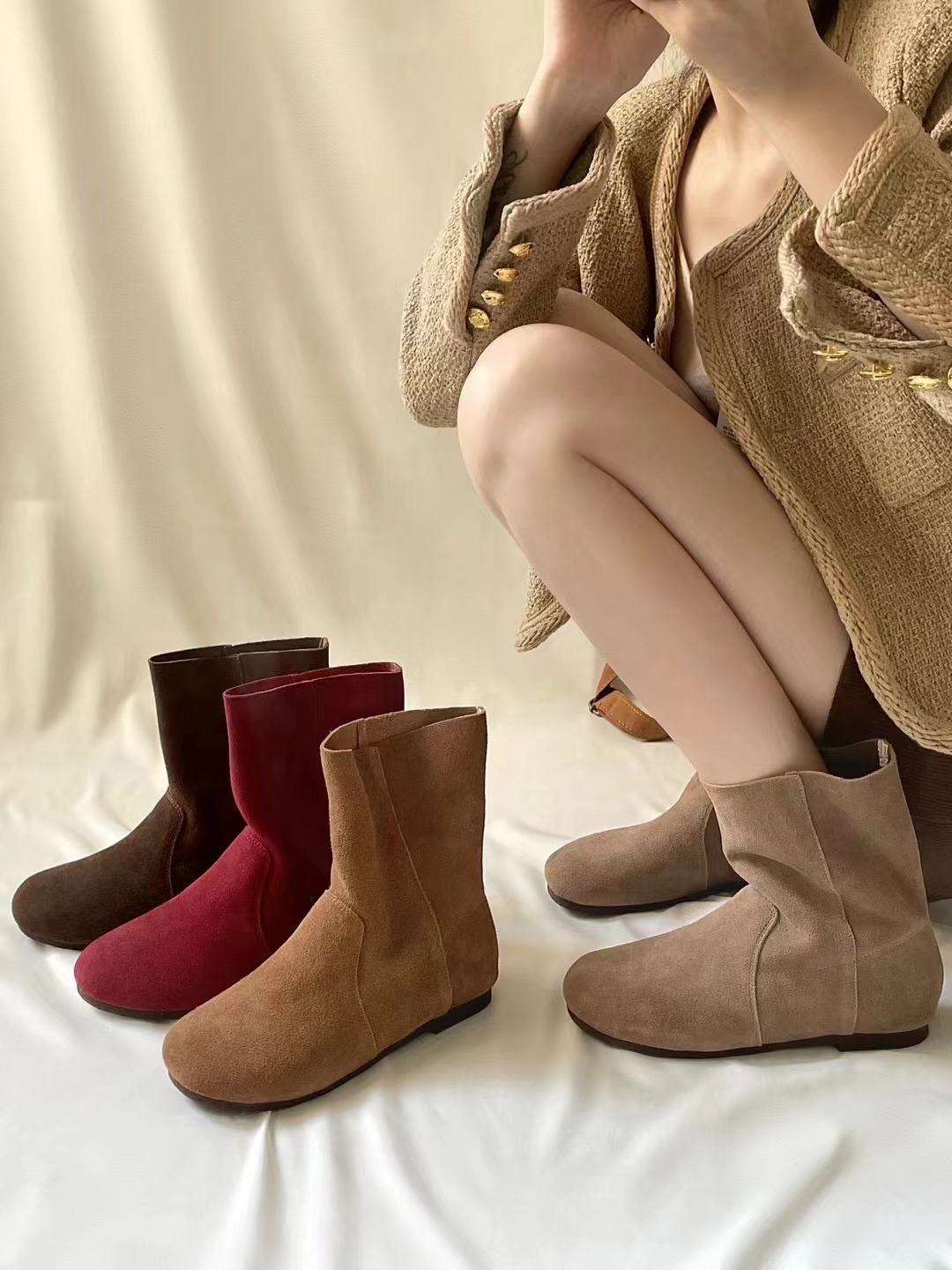 Chaussures ShoeVault en cuir suédé véritable pour femme, modèle Martin, collection automne-hiver 2024, style rétro, bout rond, souple, confortable et polyvalent._voghion.com