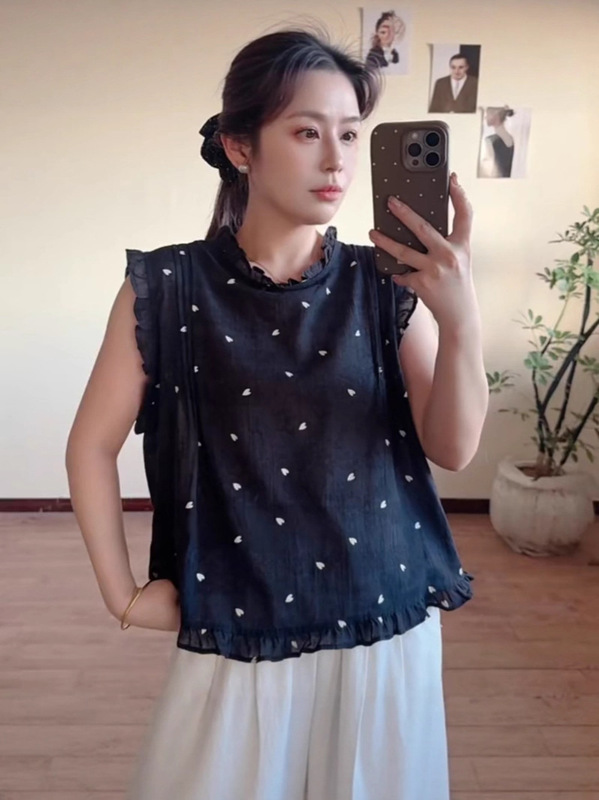 2025夏季新款韩版木耳边甜美背心无袖衬衫女宽松显瘦百搭减龄上衣|undefined