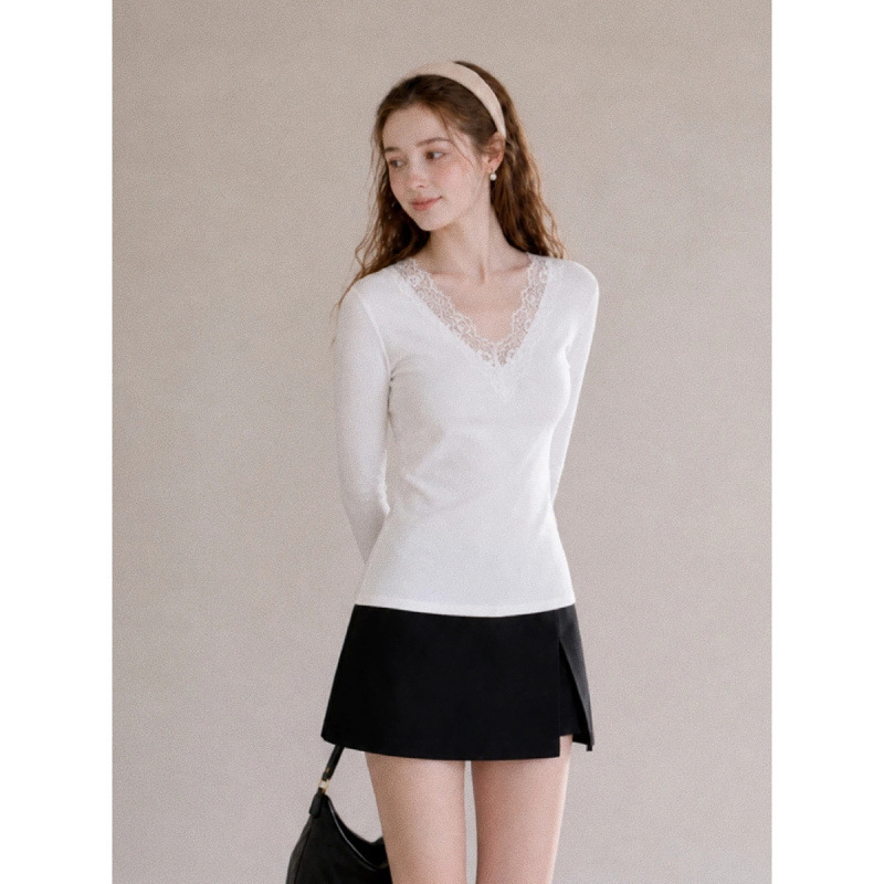 Autumn Korean-style gentle and pure V-neck lace trim fitted cashmere long-sleeve T-shirt top Autumn Korean-style gentle and pure V-neck lace trim fitted cashmere long-sleeve T-shirt top