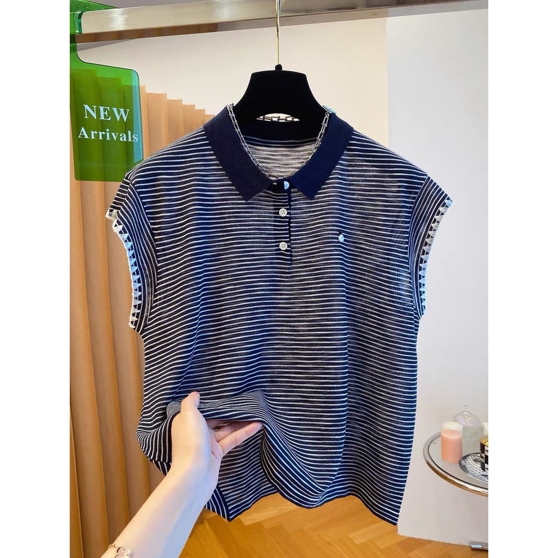 【胖妹妹】POLO领条纹小飞袖t恤女夏季高级感别致休闲百搭上衣服|undefined