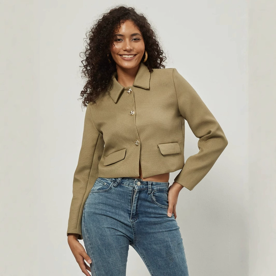 AliExpress Amazon трансграничная женская одежда оптом в европейском и американском стиле модная простая куртка с лацканом осенняя короткая куртка