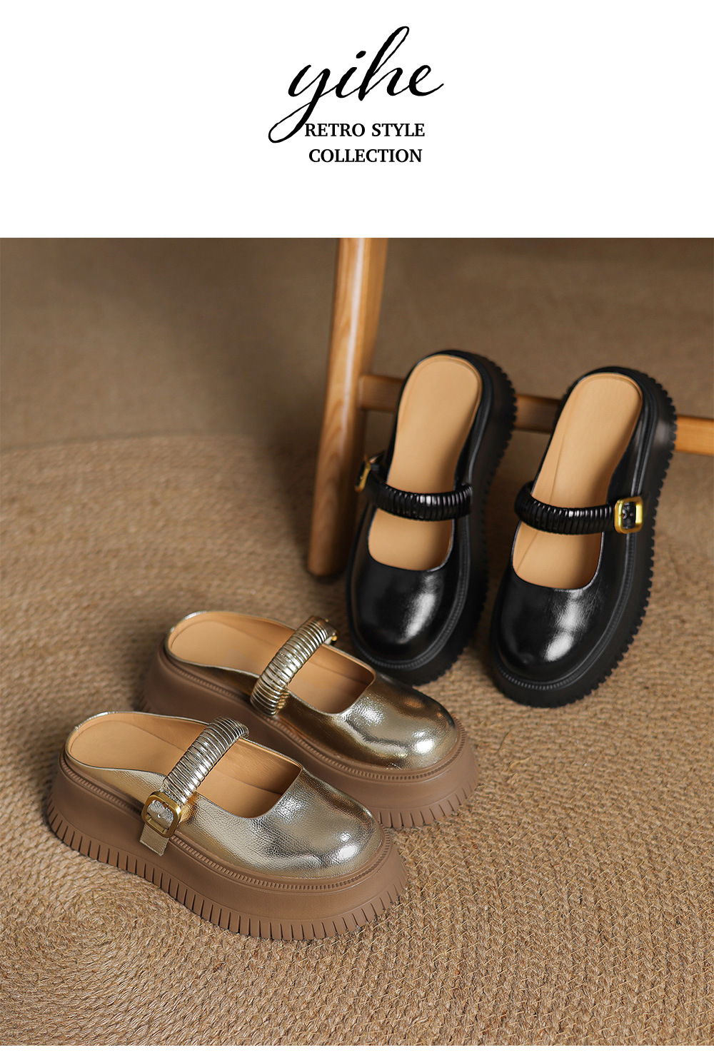 Dép sandal nữ đế dày 6cm mũi hở quai ngang Mary Jane — đen, vàng chi tiết 13