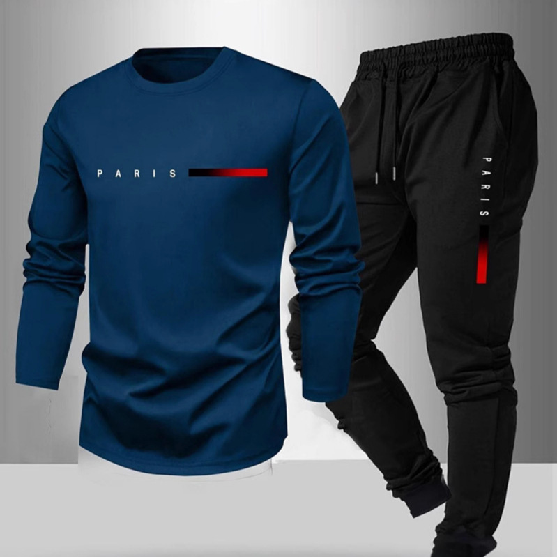 Spring and Autumn New Fleece Fashion Trend Long-Sleeve Long Pants T-Shirt Set Amazon European and American Full Print