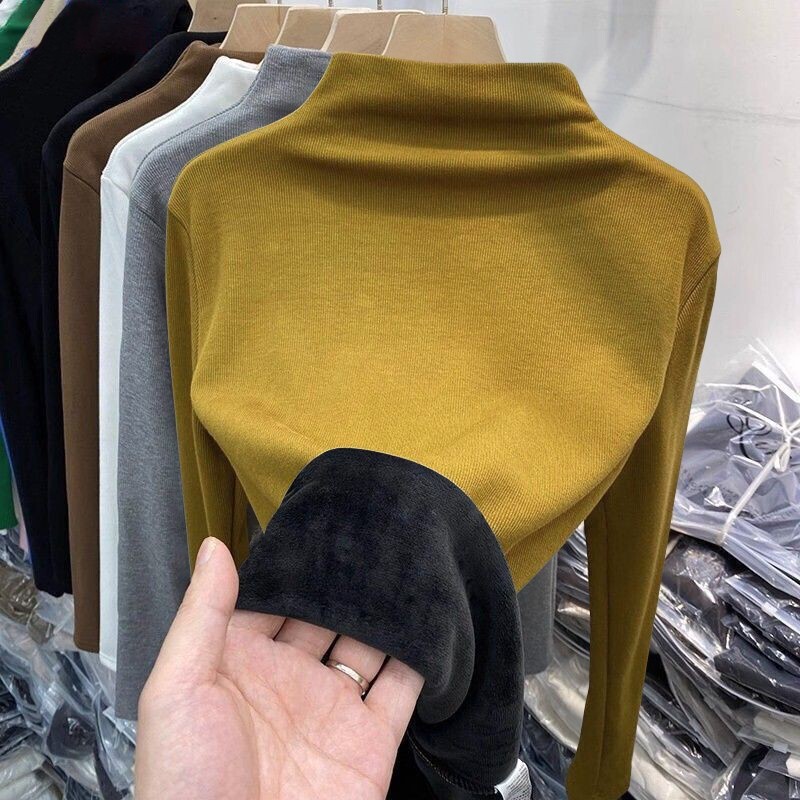 Fleece-Lined and Thickened Base Layer Shirt for Women, 2026 Spring and Autumn New Style, Half-High Collar, Integrated Silver Fox Velvet Long-Sleeve T-Shirt, Inner Layer Top