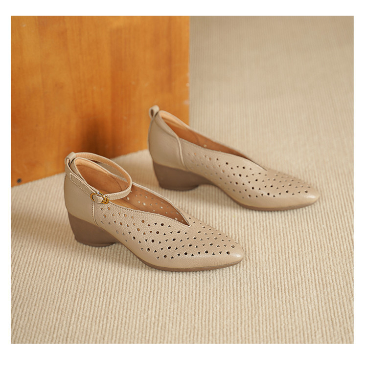 Sandal nữ mũi nhọn quai ngang gót trung bình phong cách retro thoáng khí — đen, mơ chi tiết 11