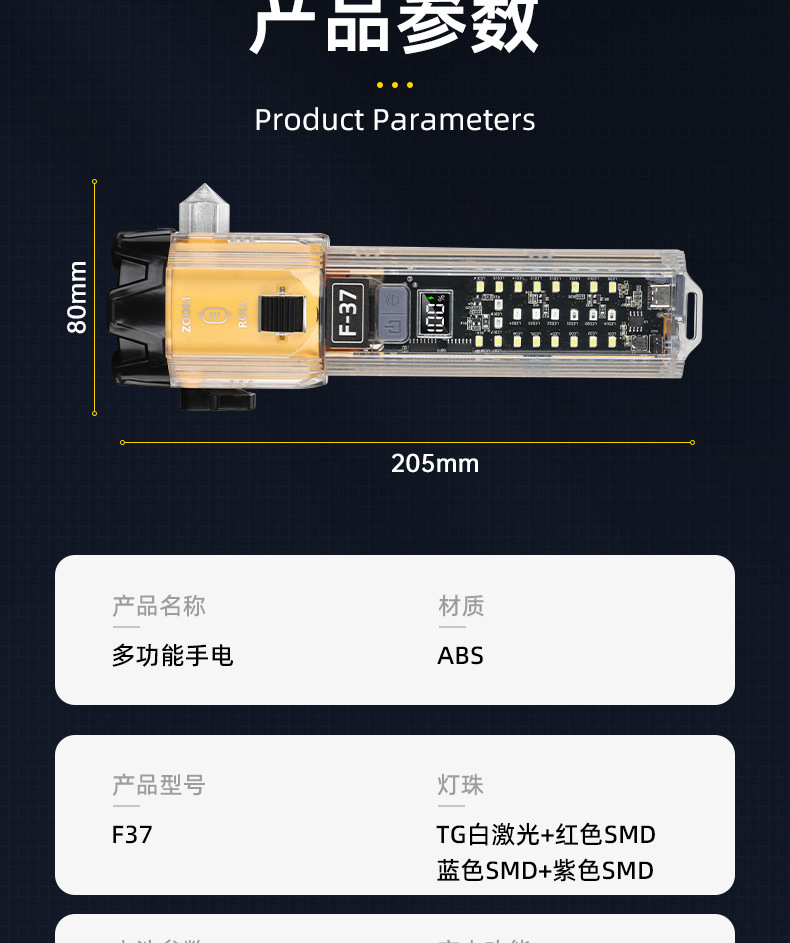 Cross-Border New Model White Laser Flashlight with Hammer, Multifunctional Outdoor Vehicle-Mounted Emergency Roller Zoom, Multi-Scenario Alarm