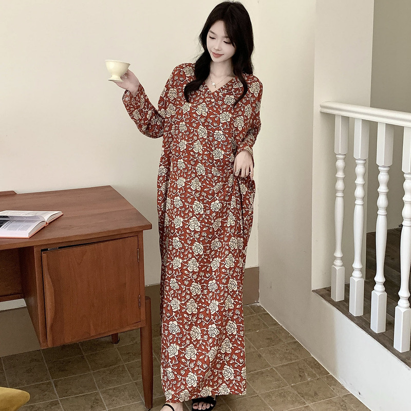 Women's Long Sleeve Nightdress Spring and Autumn Summer Thin Long to Ankle Super Long dress Cotton Silk Home Clothes Cotton Silk Dress